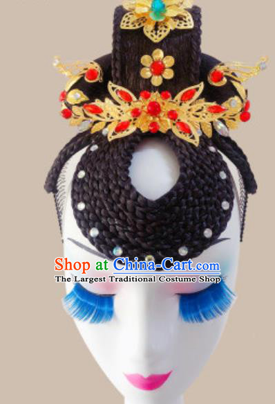 China Handmade Classical Dance Hair Clasp Traditional Stage Performance Wigs Chignon Headpiece