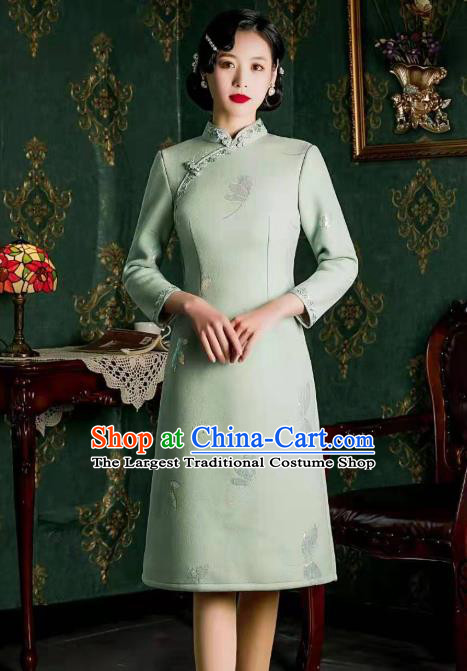 Chinese Traditional Cheongsam Classical Dragonfly Pattern Light Blue Qipao Dress