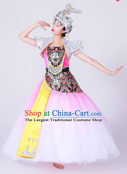 Chinese Miao Nationality Minority Folk Dance Costumes Ethnic Woman Stage Performance Pink Dress Outfits