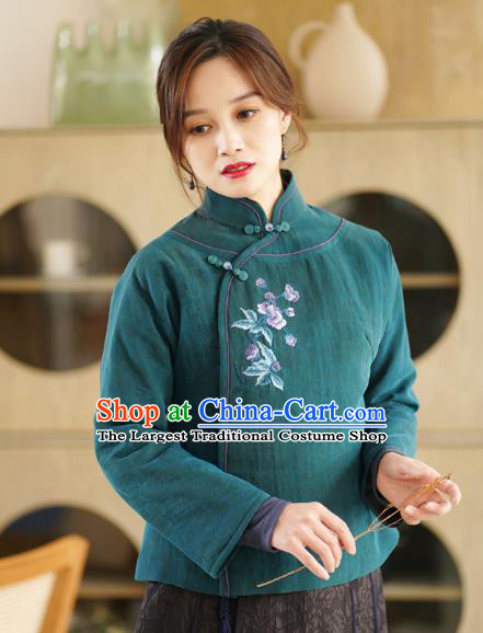 China National Green Jacket Winter Women Clothing Tang Suit Embroidered Short Coat