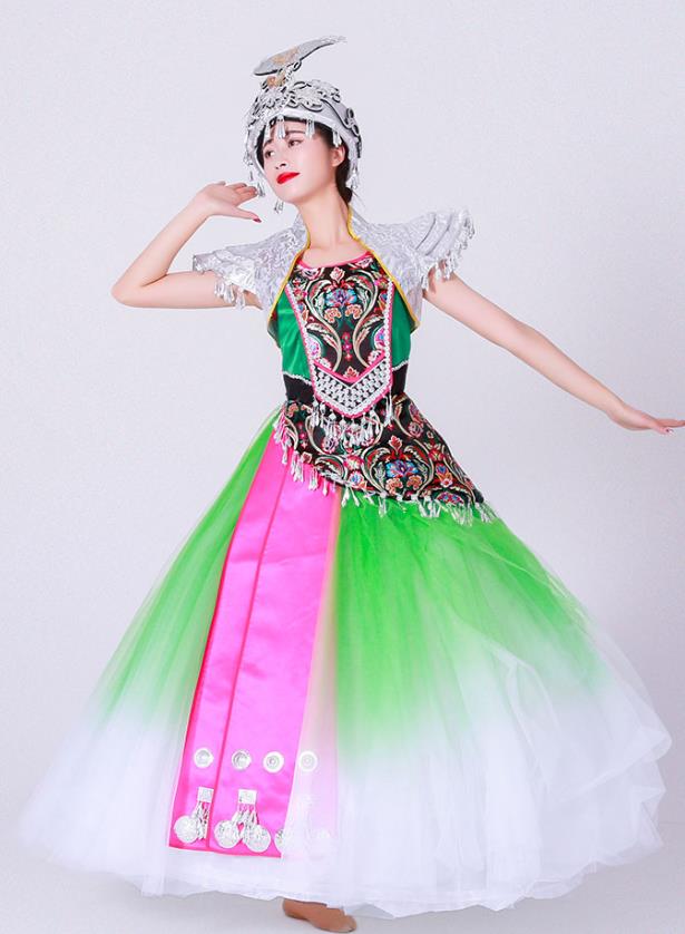 Chinese Ethnic Woman Stage Performance Green Dress Outfits Miao Nationality Minority Folk Dance Costumes