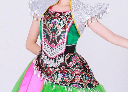 Chinese Ethnic Woman Stage Performance Green Dress Outfits Miao Nationality Minority Folk Dance Costumes