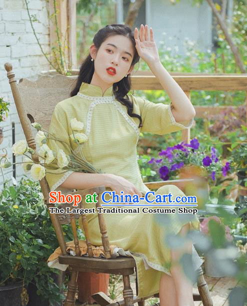 Chinese National Young Lady Qipao Dress Traditional Yellow Cheongsam Clothing