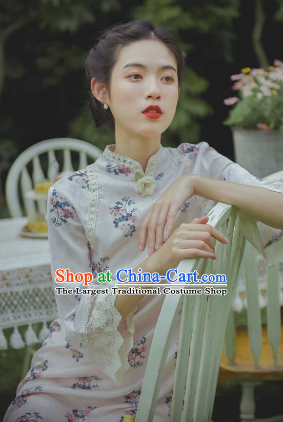 Chinese Traditional Printing White Flax Cheongsam Clothing National Stand Collar Qipao Dress