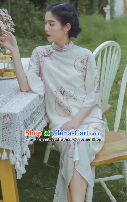 Chinese Traditional Wide Sleeve Cheongsam Clothing National Printing Beige Flax Qipao Dress