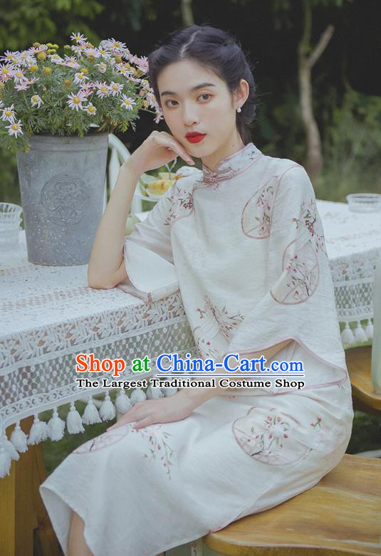 Chinese Traditional Wide Sleeve Cheongsam Clothing National Printing Beige Flax Qipao Dress