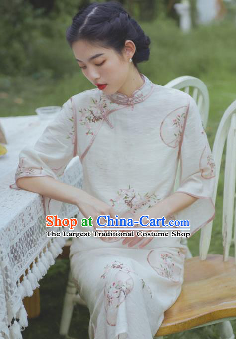 Chinese Traditional Wide Sleeve Cheongsam Clothing National Printing Beige Flax Qipao Dress