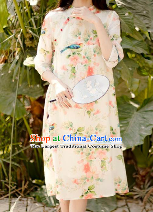 Chinese National Printing Flowers Bird Beige Ramine Qipao Dress Traditional Cheongsam Clothing