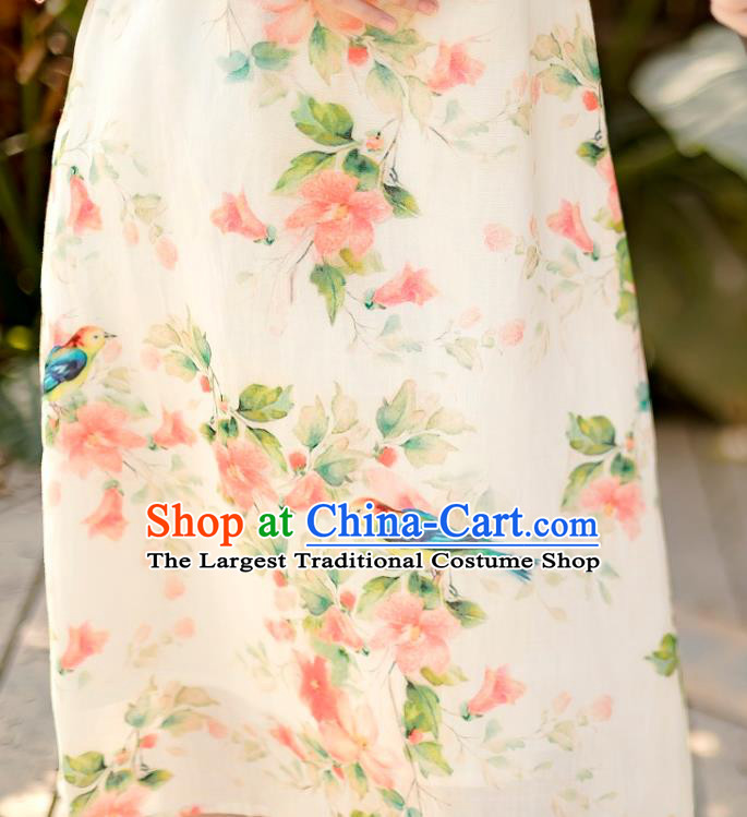Chinese National Printing Flowers Bird Beige Ramine Qipao Dress Traditional Cheongsam Clothing