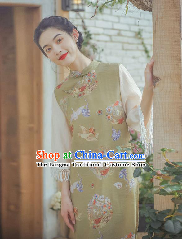 Chinese National Light Green Qipao Dress Traditional Wide Sleeve Cheongsam Clothing
