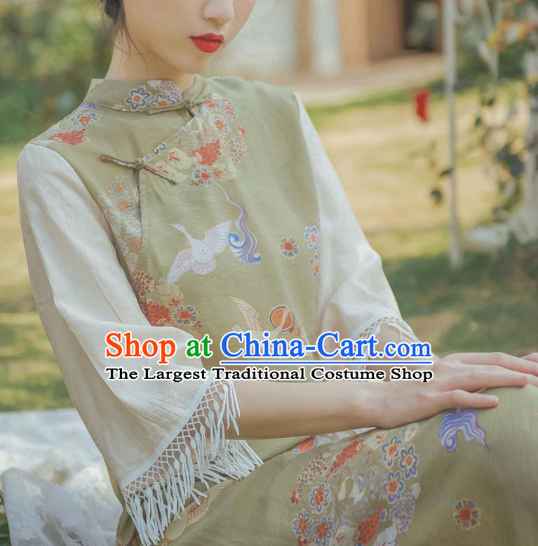 Chinese National Light Green Qipao Dress Traditional Wide Sleeve Cheongsam Clothing