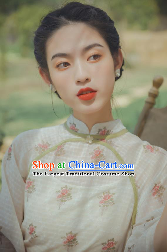 Chinese Traditional Wide Sleeve Cheongsam Clothing National Printing White Chiffon Qipao Dress