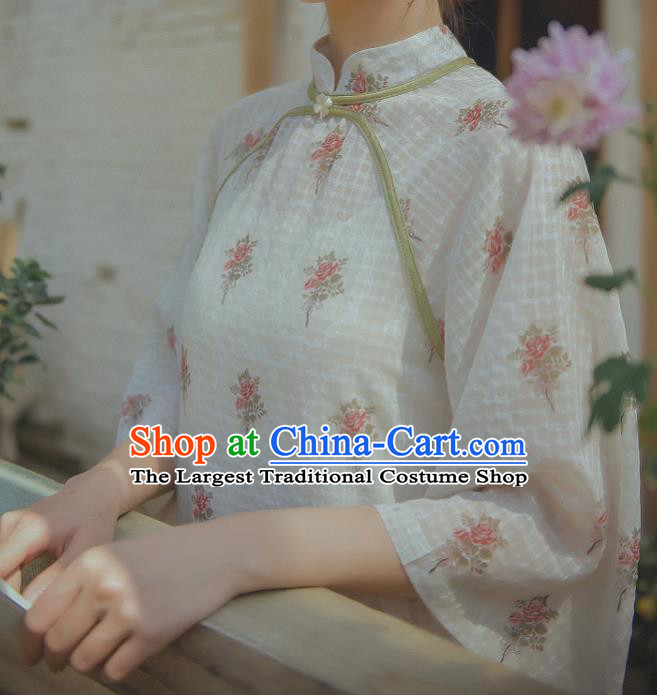 Chinese Traditional Wide Sleeve Cheongsam Clothing National Printing White Chiffon Qipao Dress