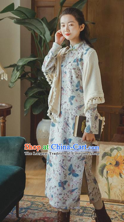 Chinese Traditional Stage Show Cheongsam Clothing National Printing Grey Qipao Dress