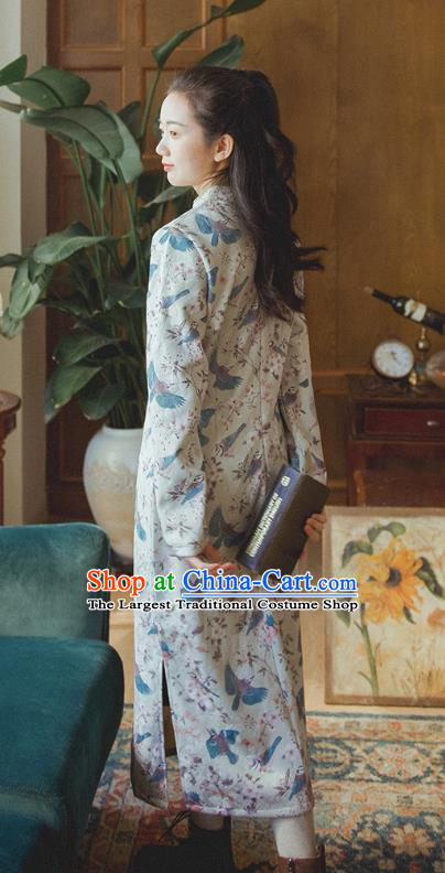 Chinese Traditional Stage Show Cheongsam Clothing National Printing Grey Qipao Dress
