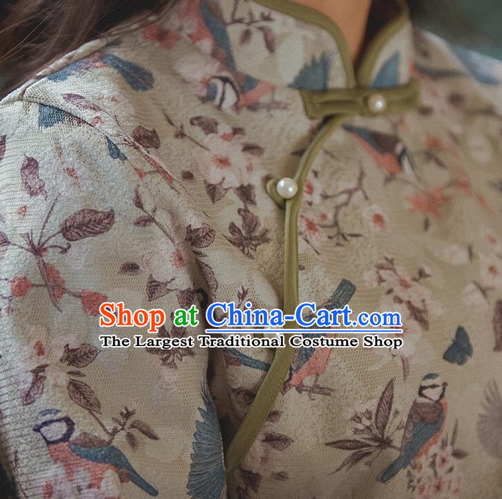 Chinese Traditional Stage Show Cheongsam Clothing National Printing Grey Qipao Dress