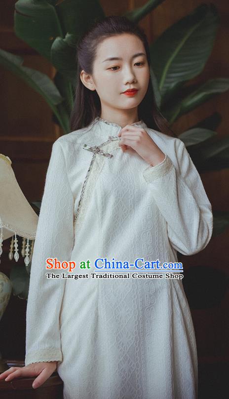 Chinese Traditional White Lace Cheongsam Clothing National Modern Dance Qipao Dress