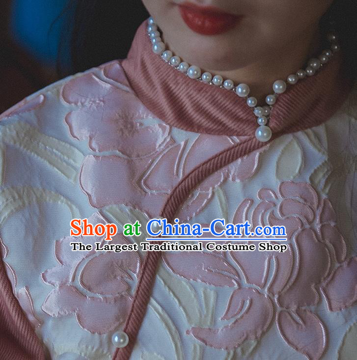 Chinese Traditional Wide Sleeve Cheongsam Clothing National Pink Corduroy Qipao Dress
