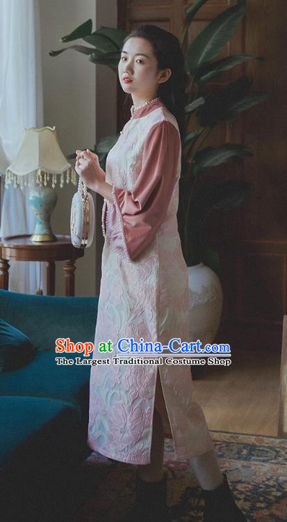 Chinese Traditional Wide Sleeve Cheongsam Clothing National Pink Corduroy Qipao Dress