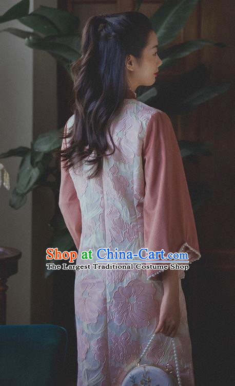 Chinese Traditional Wide Sleeve Cheongsam Clothing National Pink Corduroy Qipao Dress