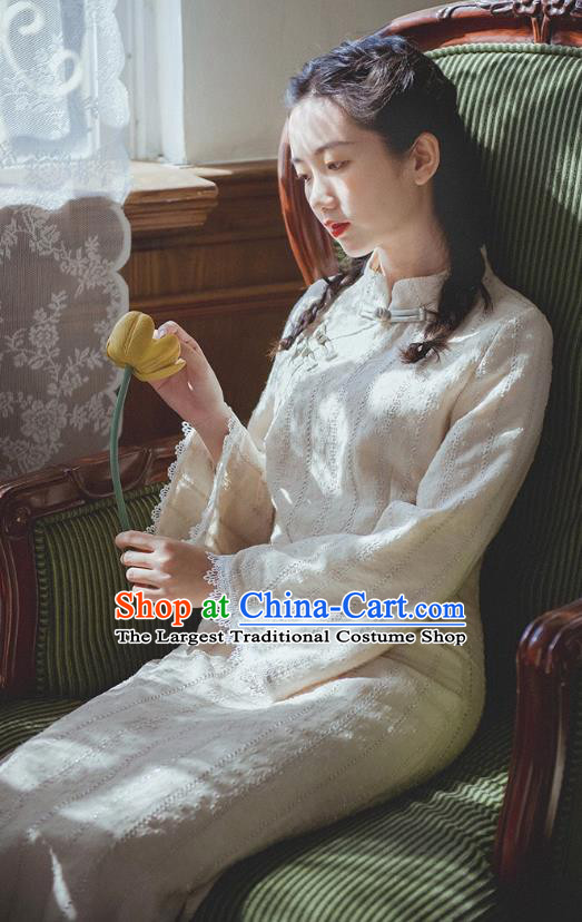 Chinese Traditional White Lace Cheongsam Clothing National Young Woman Qipao Dress