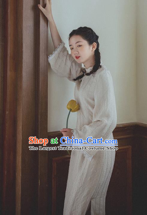 Chinese Traditional White Lace Cheongsam Clothing National Young Woman Qipao Dress