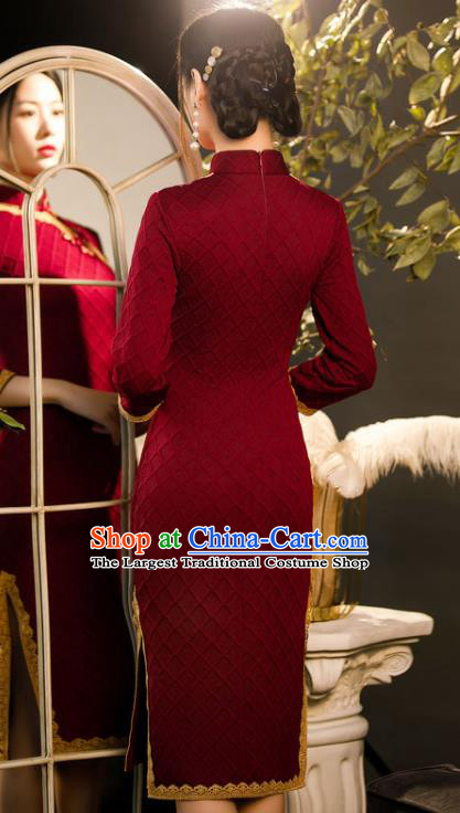 Chinese Traditional Wine Red Knitted Cheongsam Classical Wedding Women Qipao Dress