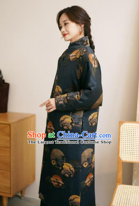 China Winter Women Navy Silk Clothing Tang Suit Overcoat National Classical Cotton Wadded Coat