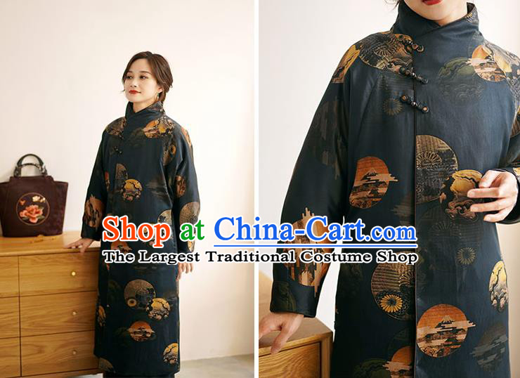 China Winter Women Navy Silk Clothing Tang Suit Overcoat National Classical Cotton Wadded Coat