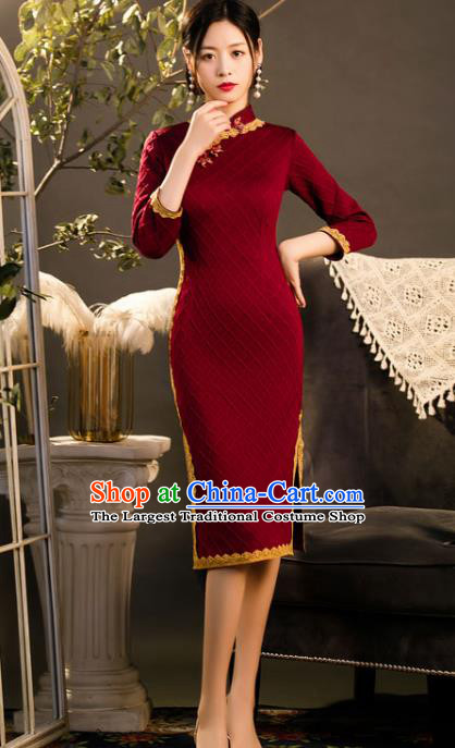 Chinese Traditional Wine Red Knitted Cheongsam Classical Wedding Women Qipao Dress