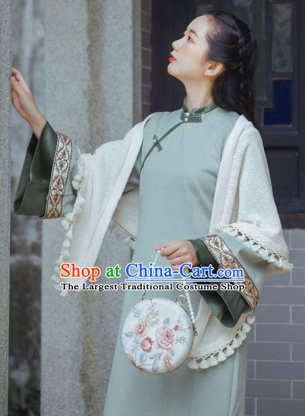 Chinese Traditional Winter Light Green Woolen Cheongsam Clothing National Young Lady Wide Sleeve Qipao Dress