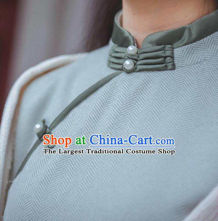 Chinese Traditional Winter Light Green Woolen Cheongsam Clothing National Young Lady Wide Sleeve Qipao Dress
