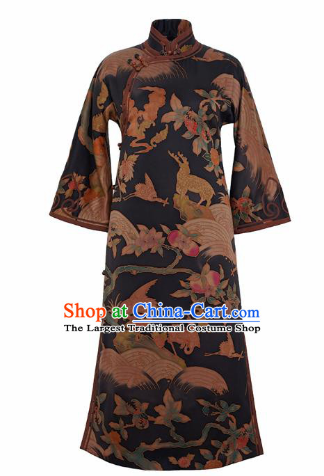 China Female Printing Long Cheongsam Winter Black Silk Qipao Dress