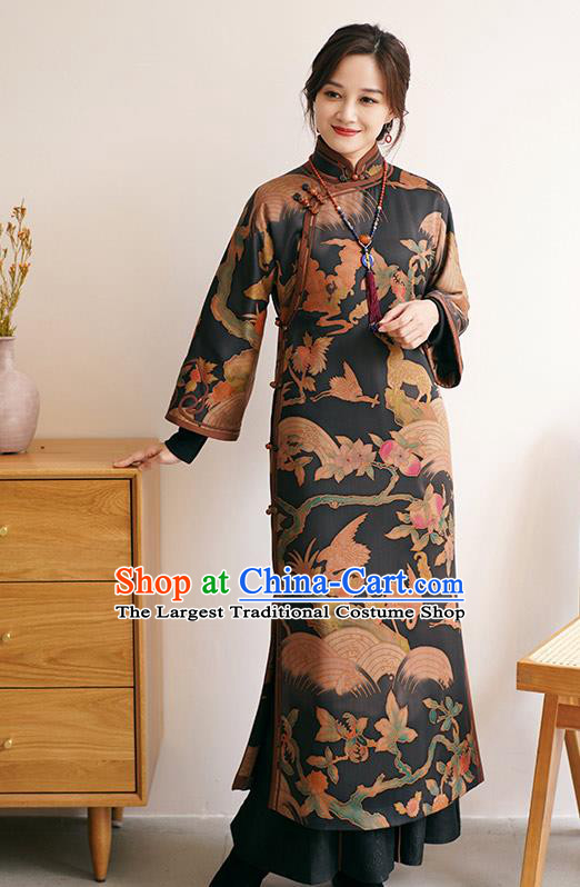 China Female Printing Long Cheongsam Winter Black Silk Qipao Dress