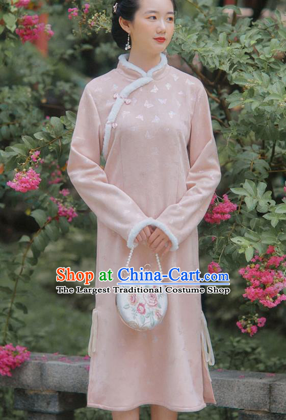 Chinese Traditional Winter Young Lady Cheongsam Clothing National Pink Suede Qipao Dress