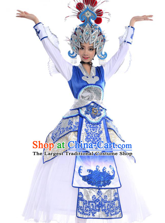 China Beijing Opera Stage Performance Actress Costume Traditional Peking Opera Blues White Dress