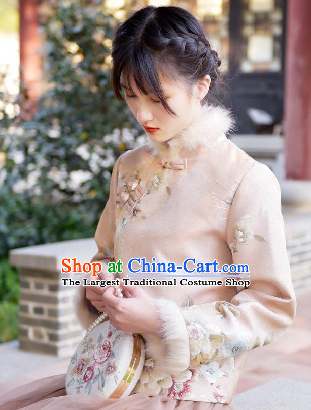 China Classical Cheongsam Upper Outer Garment Traditional Tang Suit Embroidered Beige Jacket