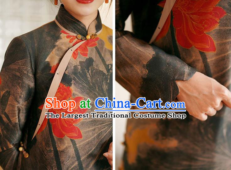 China Tang Suit Outer Garment National Hand Painting Lotus Dust Coat Women Winter Silk Clothing