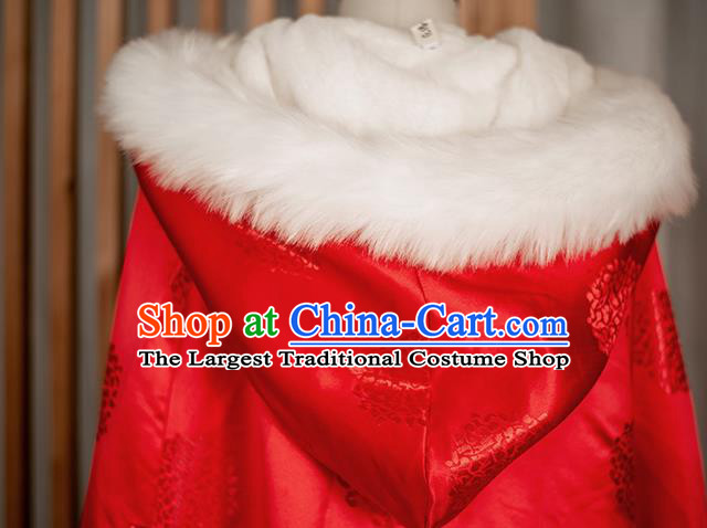 Chinese Traditional Winter Red Satin Long Cape Ancient Princess Cloak Clothing