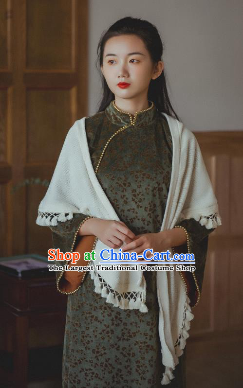 Chinese Traditional Atrovirens Velvet Cheongsam Clothing National Shanghai Woman Wide Sleeve Qipao Dress