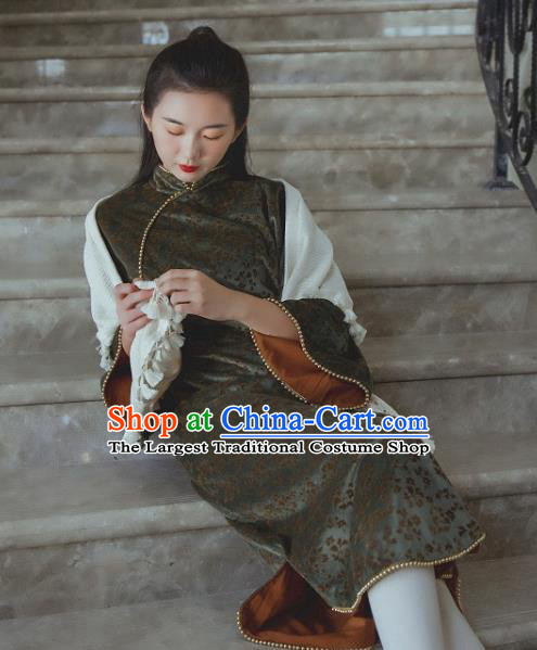 Chinese Traditional Atrovirens Velvet Cheongsam Clothing National Shanghai Woman Wide Sleeve Qipao Dress