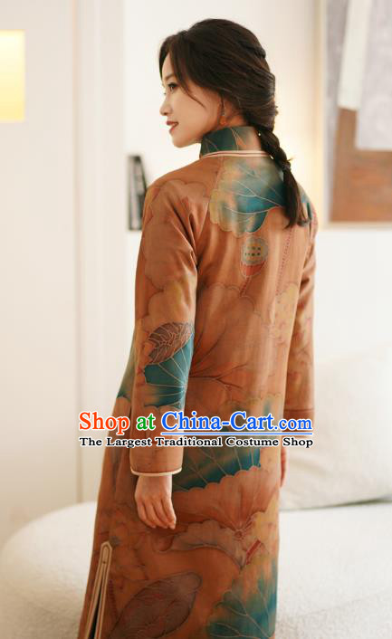 China Women Winter Silk Clothing Tang Suit Outer Garment National Hand Painting Lotus Brown Dust Coat