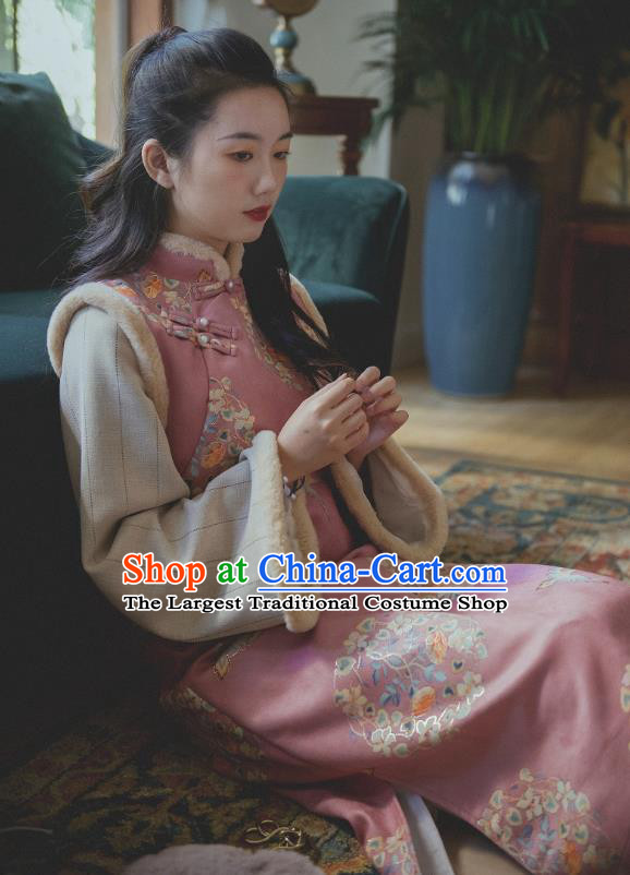 Chinese Traditional Winter Pink Woolen Cheongsam Clothing National Shanghai Lady Sleeveless Qipao Dress