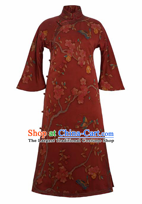 China Long Cheongsam Classical Pear Blossom Pattern Red Silk Qipao Dress