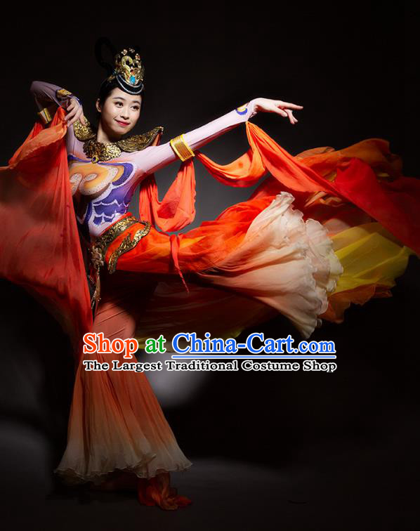 China Flying Apsaras Stage Performance Clothing Woman Classical Dance Red Outfits
