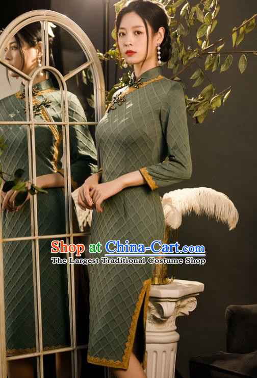 Chinese Traditional Stage Performance Knitted Green Cheongsam Classical Dance Qipao Dress