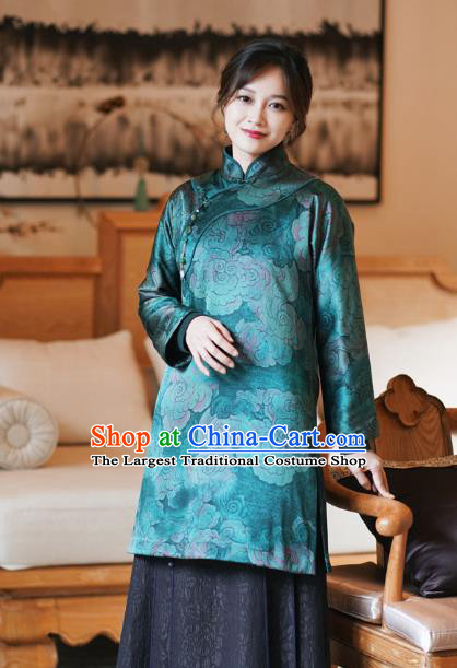 China Classical Clouds Pattern Green Silk Qipao Dress Winter Long Cheongsam