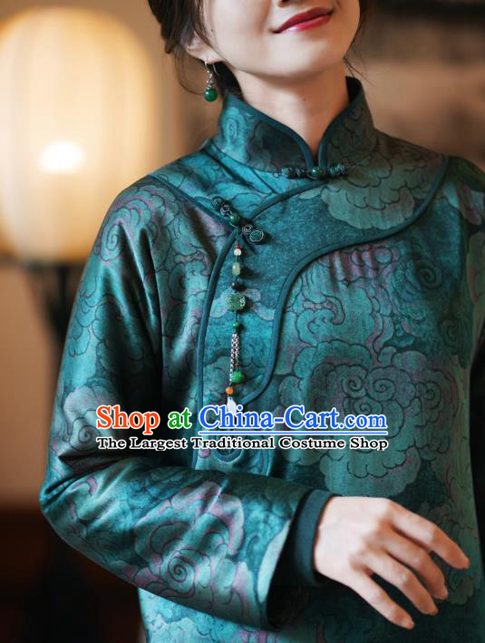 China Classical Clouds Pattern Green Silk Qipao Dress Winter Long Cheongsam