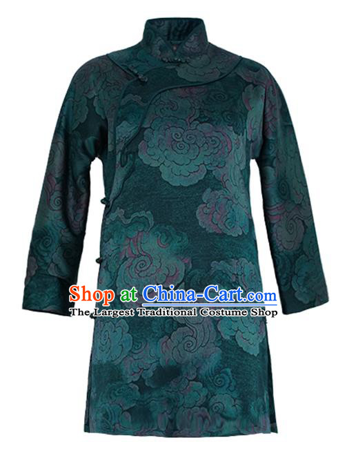 China Classical Clouds Pattern Green Silk Qipao Dress Winter Long Cheongsam