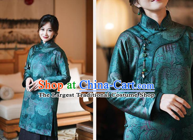 China Classical Clouds Pattern Green Silk Qipao Dress Winter Long Cheongsam